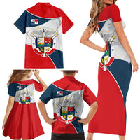 Panama City Skyline Family Matching Short Sleeve Bodycon Dress and Hawaiian Shirt with National Coat of Arms and Red Blue Flag Theme - Wonder Print Shop