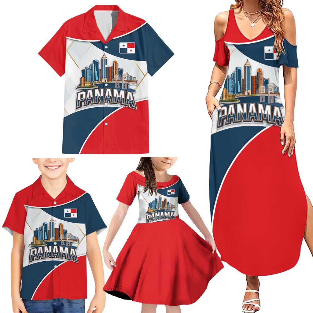 Panama City Skyline Family Matching Summer Maxi Dress and Hawaiian Shirt with National Coat of Arms and Red Blue Flag Theme - Wonder Print Shop
