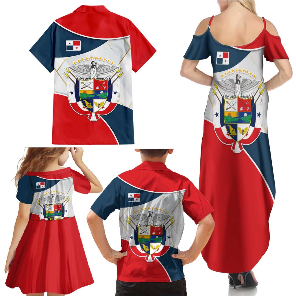 Panama City Skyline Family Matching Summer Maxi Dress and Hawaiian Shirt with National Coat of Arms and Red Blue Flag Theme - Wonder Print Shop