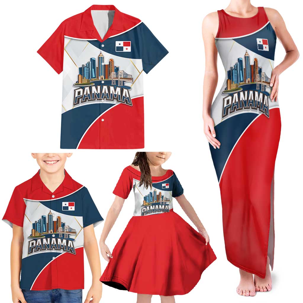 Panama City Skyline Family Matching Tank Maxi Dress and Hawaiian Shirt with National Coat of Arms and Red Blue Flag Theme - Wonder Print Shop