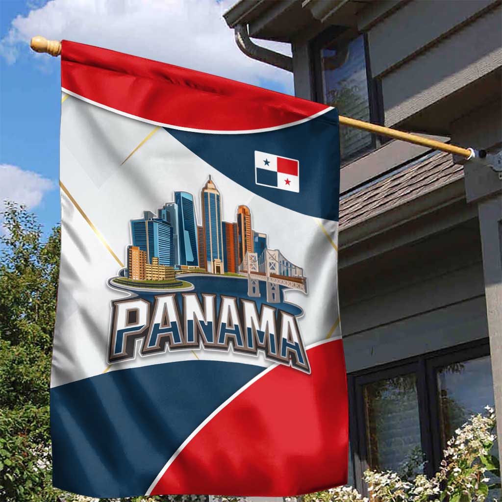 Panama City Skyline Garden Flag with National Coat of Arms and Red Blue Flag Theme - Wonder Print Shop