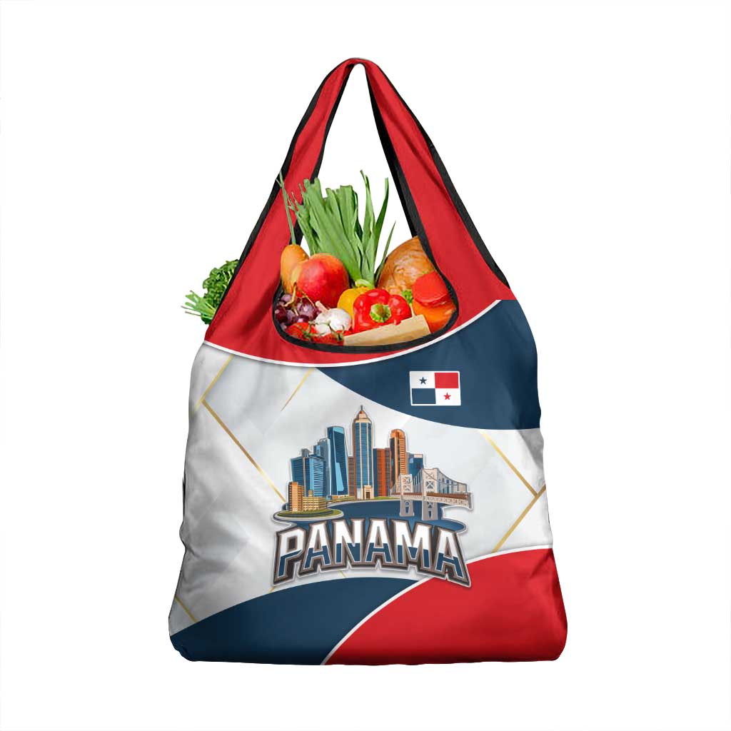 Panama City Skyline Grocery Bag with National Coat of Arms and Red Blue Flag Theme - Wonder Print Shop