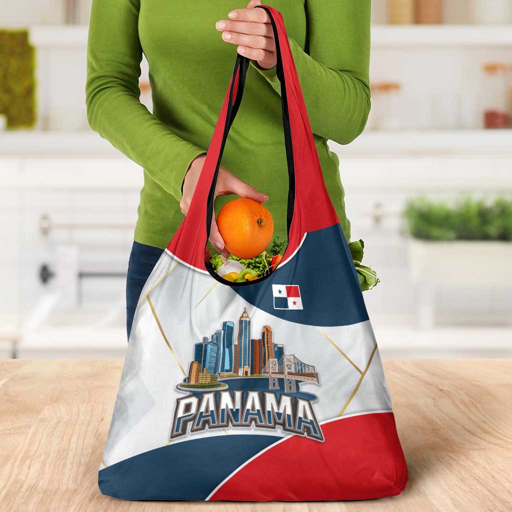 Panama City Skyline Grocery Bag with National Coat of Arms and Red Blue Flag Theme - Wonder Print Shop