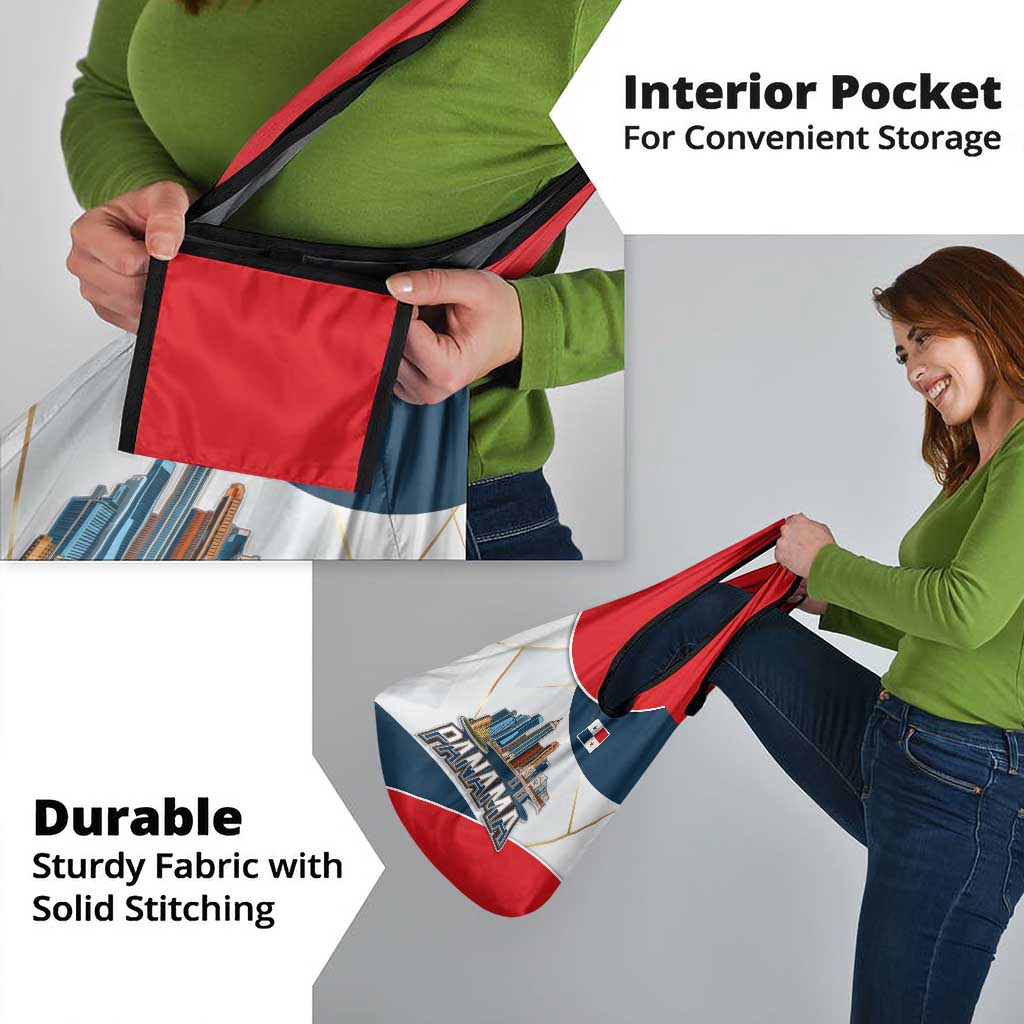 Panama City Skyline Grocery Bag with National Coat of Arms and Red Blue Flag Theme - Wonder Print Shop