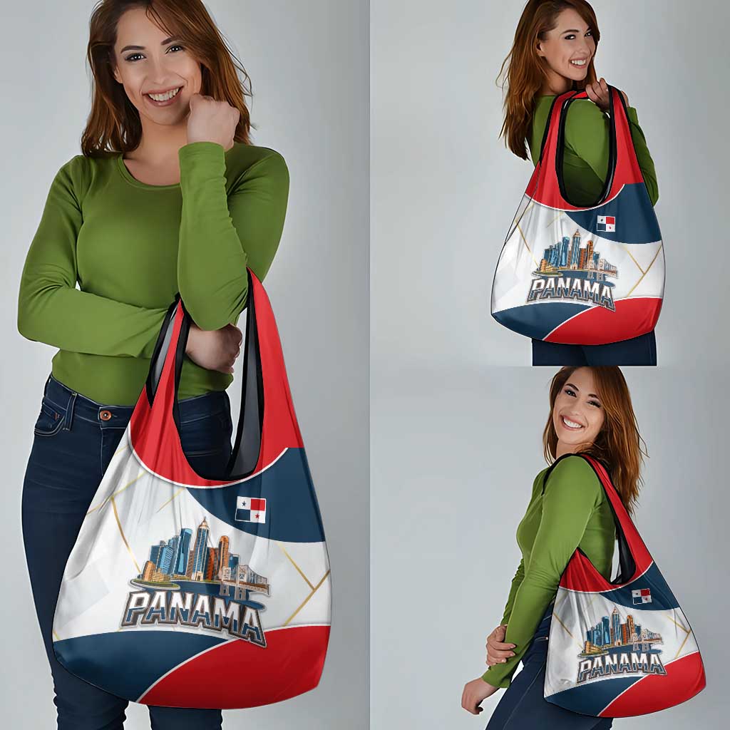 Panama City Skyline Grocery Bag with National Coat of Arms and Red Blue Flag Theme - Wonder Print Shop
