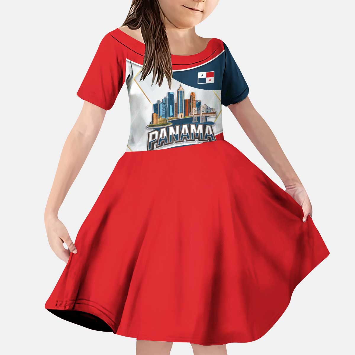 Panama City Skyline Kid Short Sleeve Dress with National Coat of Arms and Red Blue Flag Theme - Wonder Print Shop