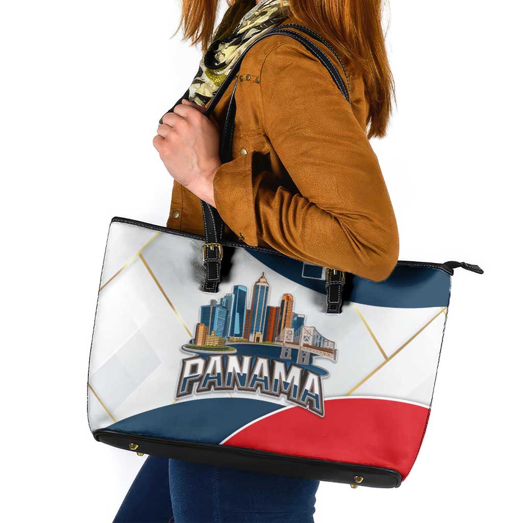 Panama City Skyline Leather Tote Bag with National Coat of Arms and Red Blue Flag Theme - Wonder Print Shop