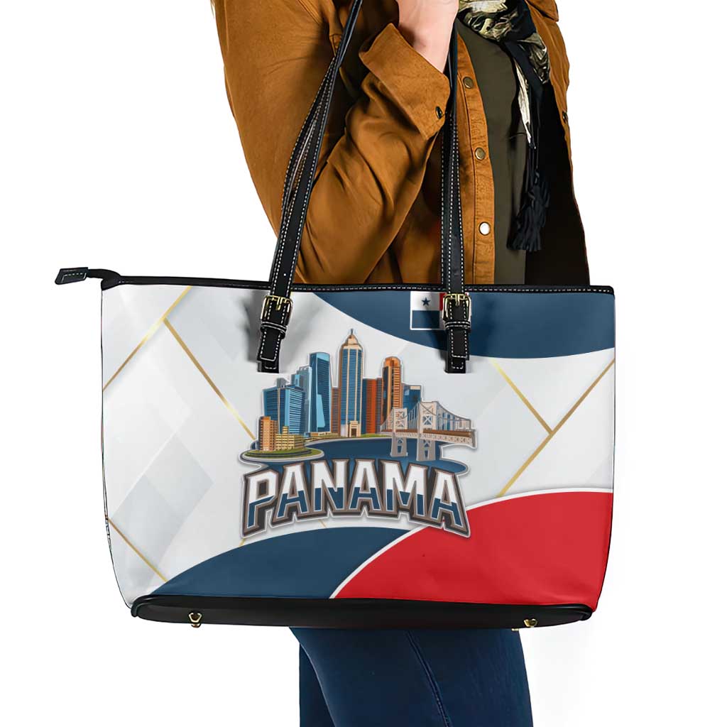 Panama City Skyline Leather Tote Bag with National Coat of Arms and Red Blue Flag Theme - Wonder Print Shop