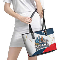 Panama City Skyline Leather Tote Bag with National Coat of Arms and Red Blue Flag Theme - Wonder Print Shop