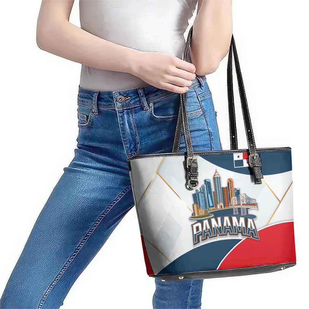 Panama City Skyline Leather Tote Bag with National Coat of Arms and Red Blue Flag Theme - Wonder Print Shop
