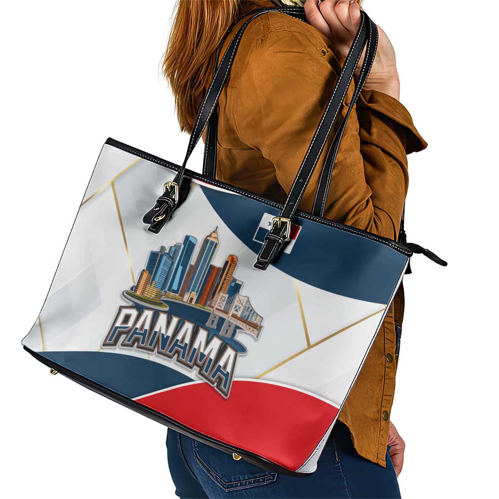 Panama City Skyline Leather Tote Bag with National Coat of Arms and Red Blue Flag Theme - Wonder Print Shop