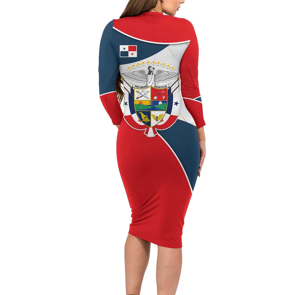 Panama City Skyline Long Sleeve Bodycon Dress with National Coat of Arms and Red Blue Flag Theme - Wonder Print Shop