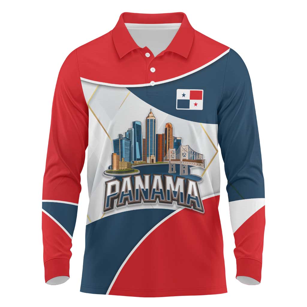Panama City Skyline Long Sleeve Polo Shirt with National Coat of Arms and Red Blue Flag Theme - Wonder Print Shop