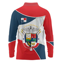 Panama City Skyline Long Sleeve Polo Shirt with National Coat of Arms and Red Blue Flag Theme - Wonder Print Shop