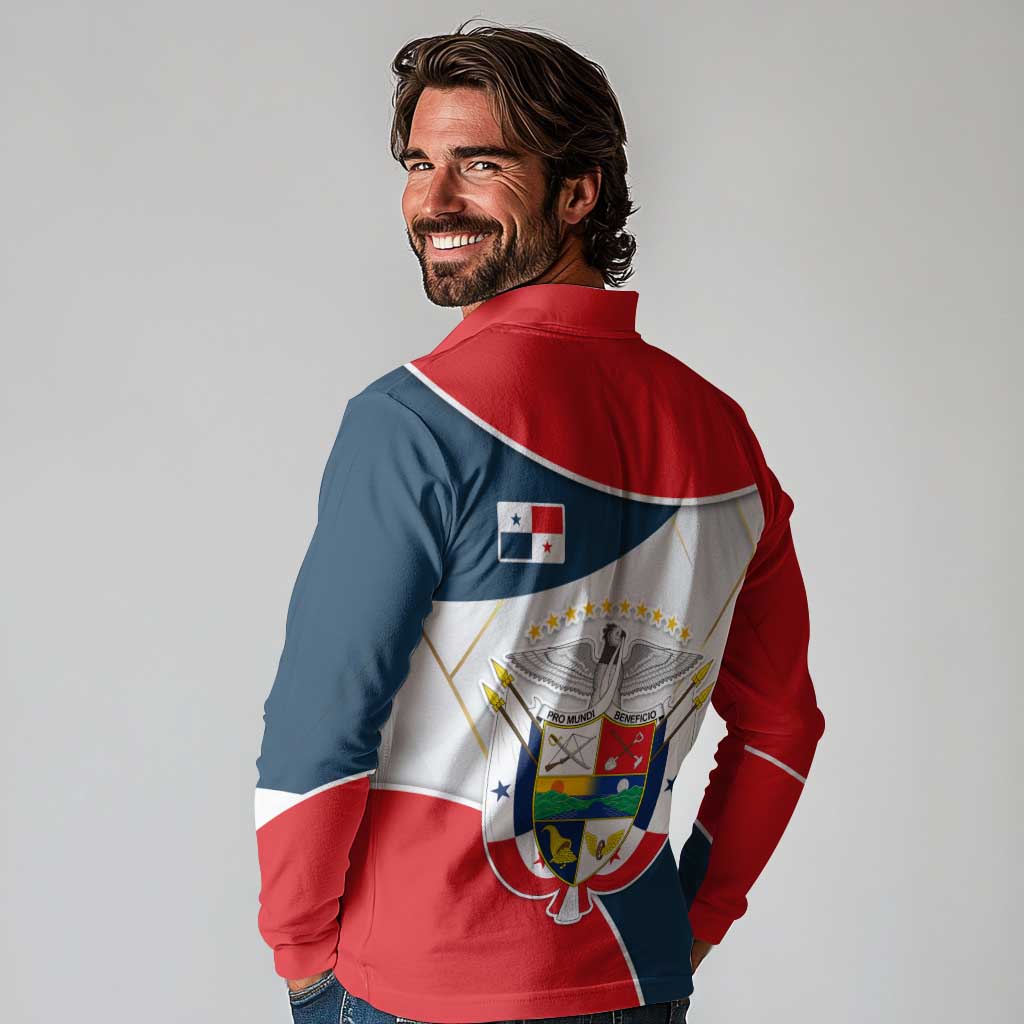 Panama City Skyline Long Sleeve Polo Shirt with National Coat of Arms and Red Blue Flag Theme - Wonder Print Shop