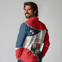 Panama City Skyline Long Sleeve Polo Shirt with National Coat of Arms and Red Blue Flag Theme - Wonder Print Shop