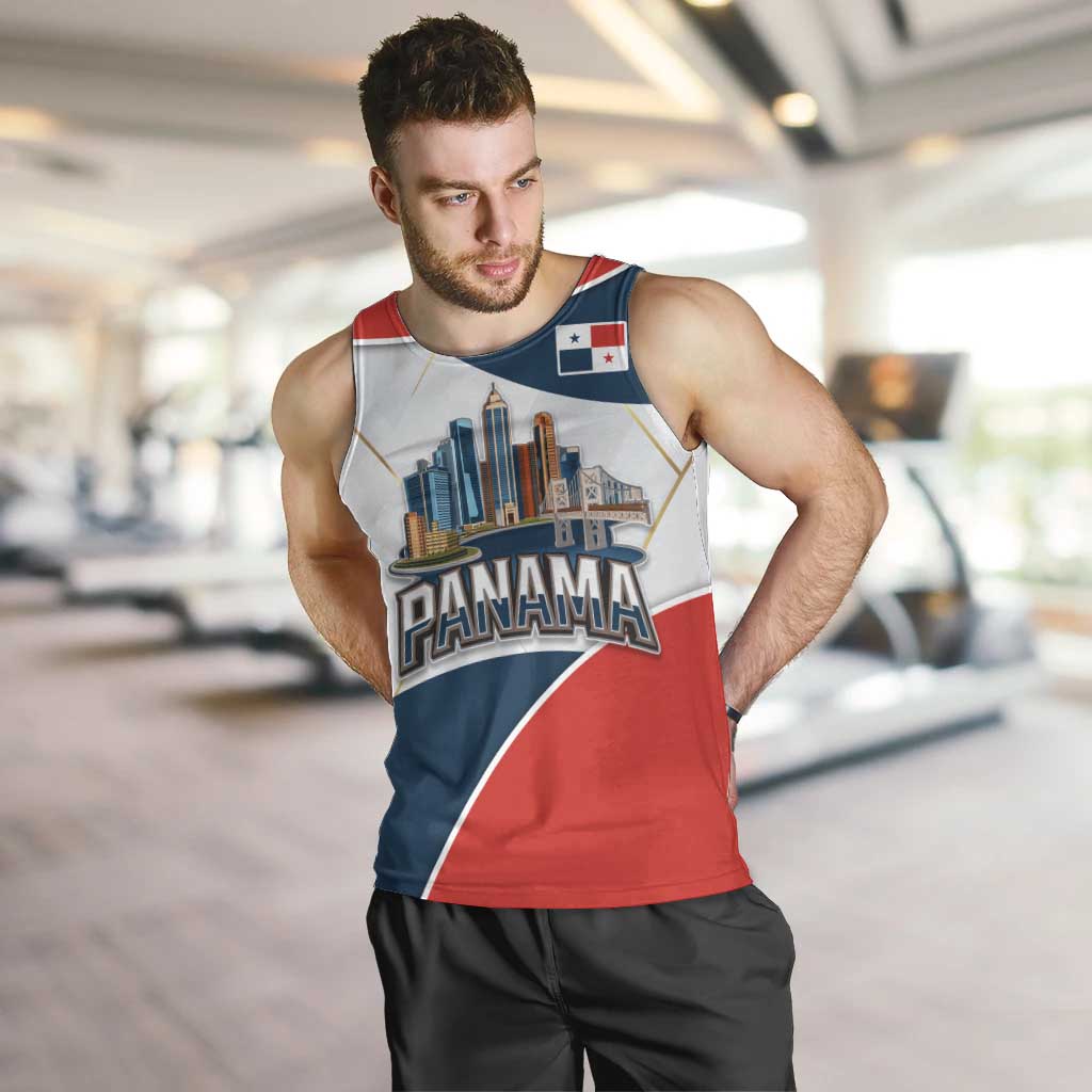 Panama City Skyline Men Tank Top with National Coat of Arms and Red Blue Flag Theme - Wonder Print Shop