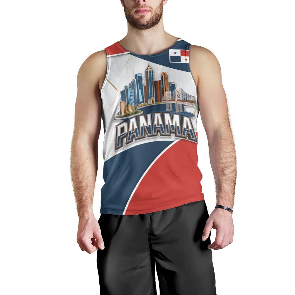 Panama City Skyline Men Tank Top with National Coat of Arms and Red Blue Flag Theme - Wonder Print Shop
