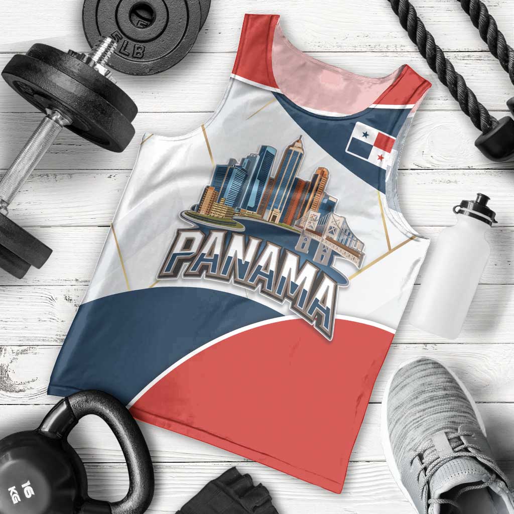 Panama City Skyline Men Tank Top with National Coat of Arms and Red Blue Flag Theme - Wonder Print Shop
