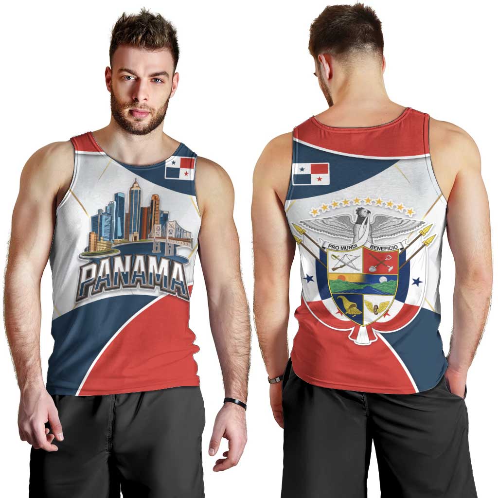 Panama City Skyline Men Tank Top with National Coat of Arms and Red Blue Flag Theme - Wonder Print Shop