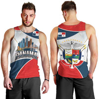 Panama City Skyline Men Tank Top with National Coat of Arms and Red Blue Flag Theme - Wonder Print Shop