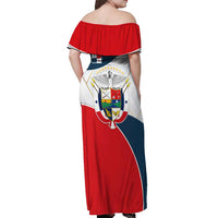 Panama City Skyline Off Shoulder Maxi Dress with National Coat of Arms and Red Blue Flag Theme - Wonder Print Shop