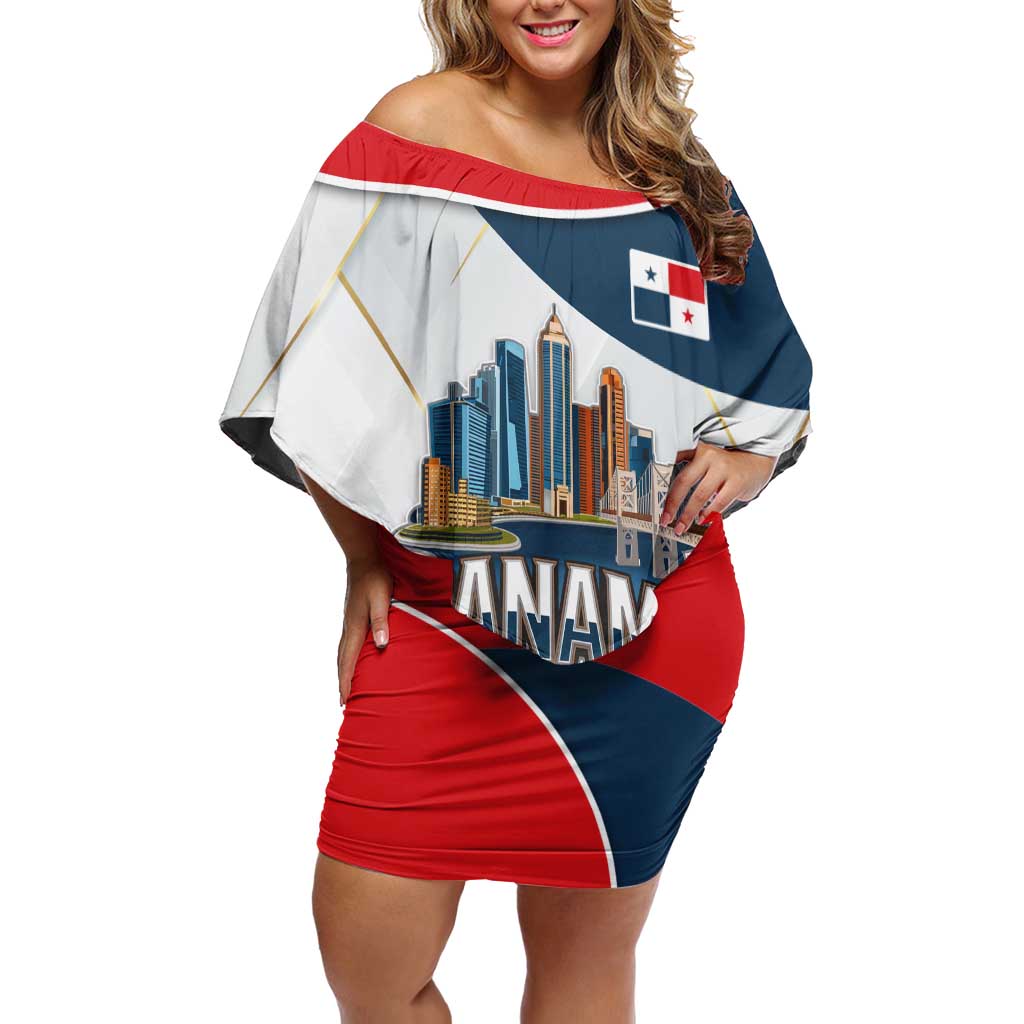 Panama City Skyline Off Shoulder Short Dress with National Coat of Arms and Red Blue Flag Theme - Wonder Print Shop