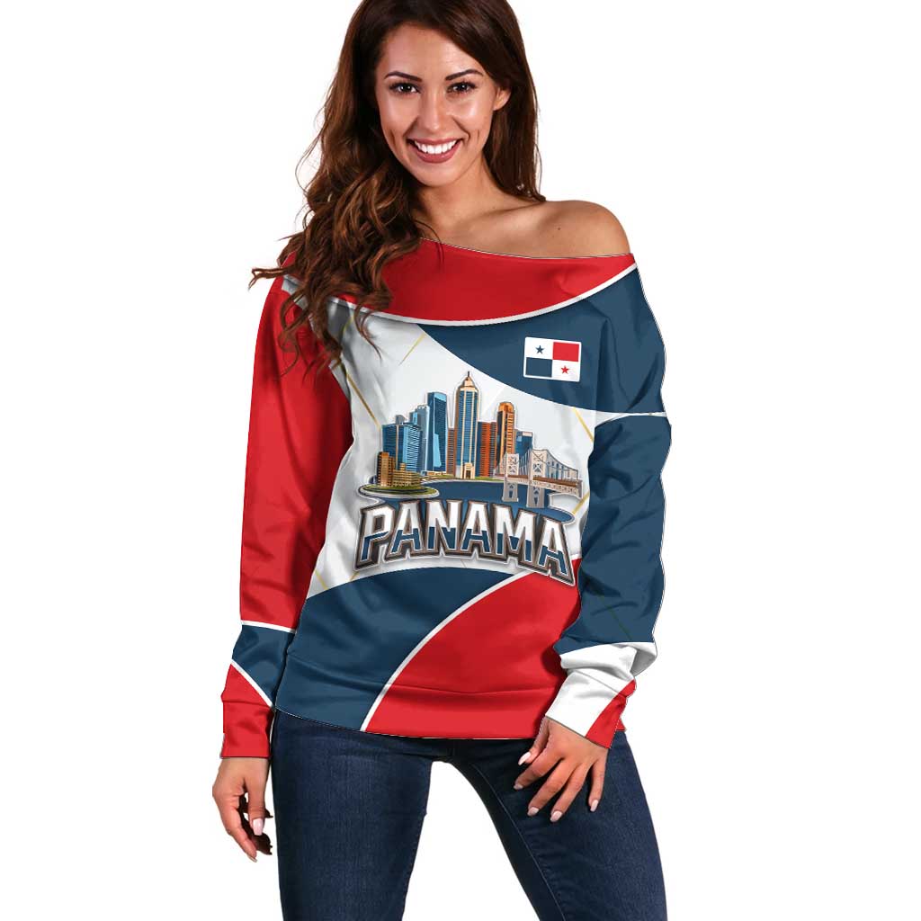Panama City Skyline Off Shoulder Sweater with National Coat of Arms and Red Blue Flag Theme - Wonder Print Shop