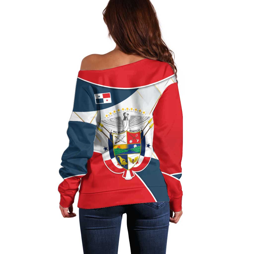 Panama City Skyline Off Shoulder Sweater with National Coat of Arms and Red Blue Flag Theme - Wonder Print Shop