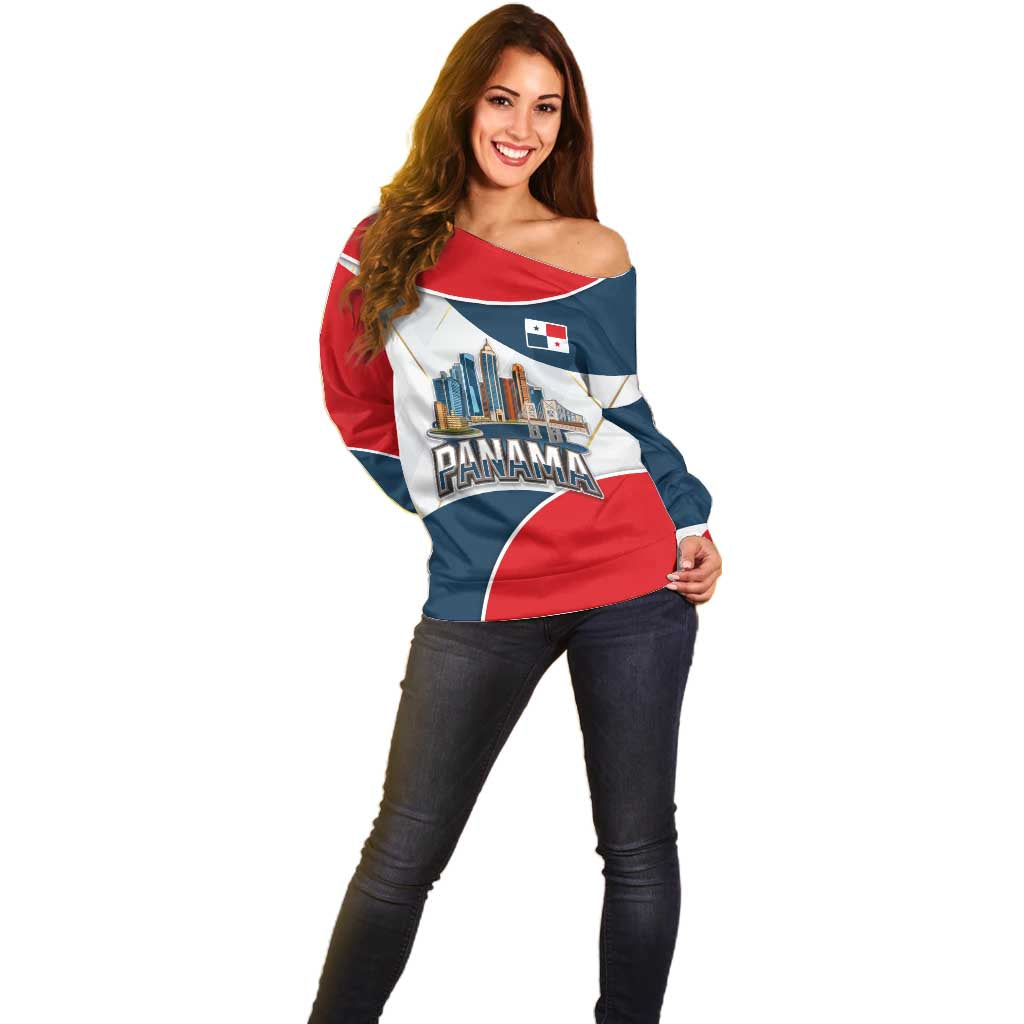 Panama City Skyline Off Shoulder Sweater with National Coat of Arms and Red Blue Flag Theme - Wonder Print Shop