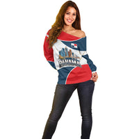 Panama City Skyline Off Shoulder Sweater with National Coat of Arms and Red Blue Flag Theme - Wonder Print Shop