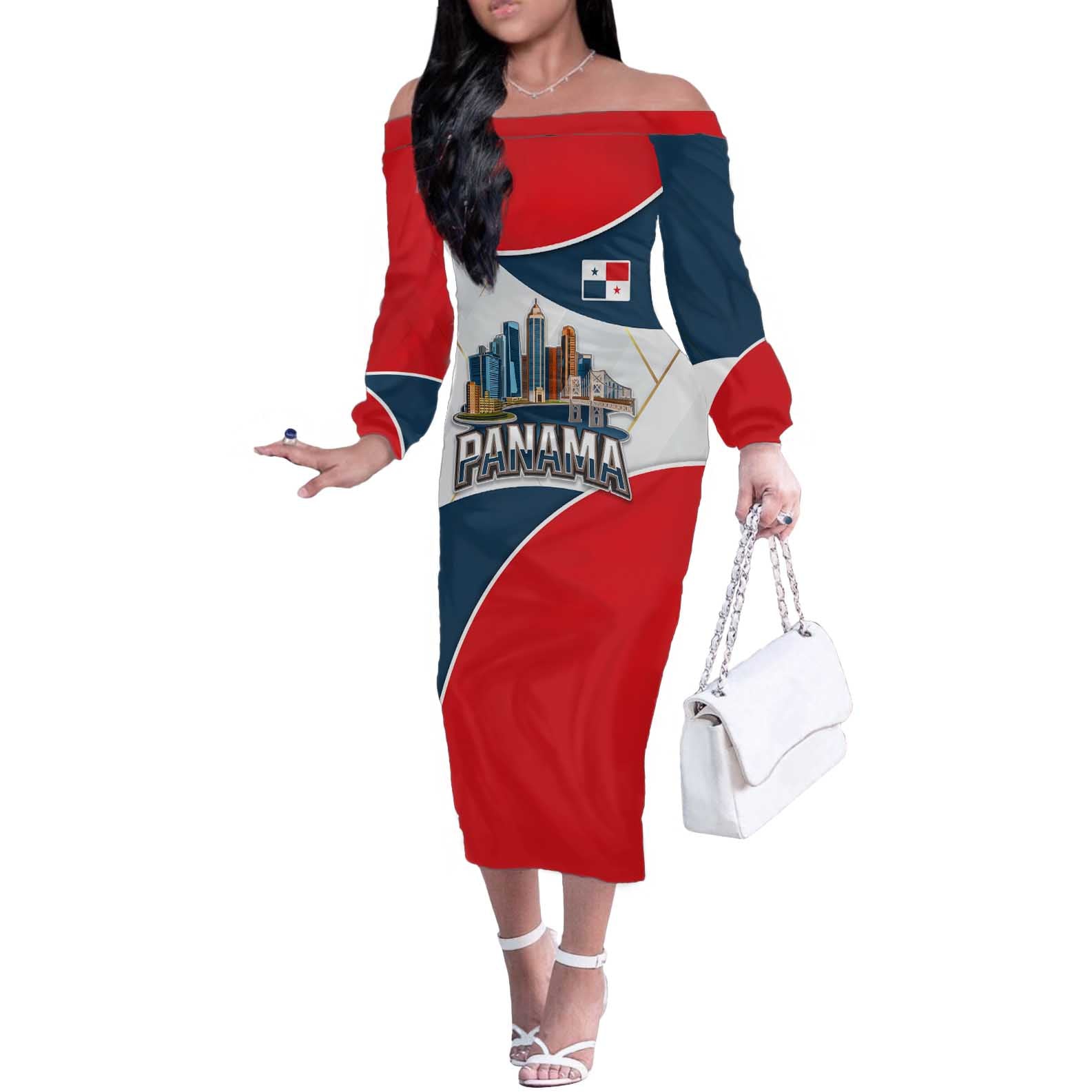 Panama City Skyline Off The Shoulder Long Sleeve Dress with National Coat of Arms and Red Blue Flag Theme - Wonder Print Shop