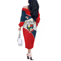 Panama City Skyline Off The Shoulder Long Sleeve Dress with National Coat of Arms and Red Blue Flag Theme - Wonder Print Shop