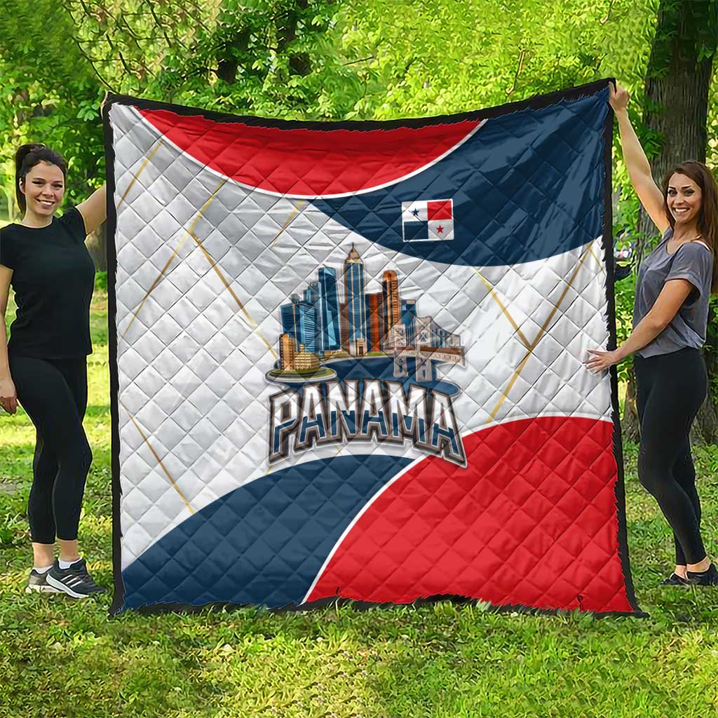 Panama City Skyline Quilt with National Coat of Arms and Red Blue Flag Theme - Wonder Print Shop