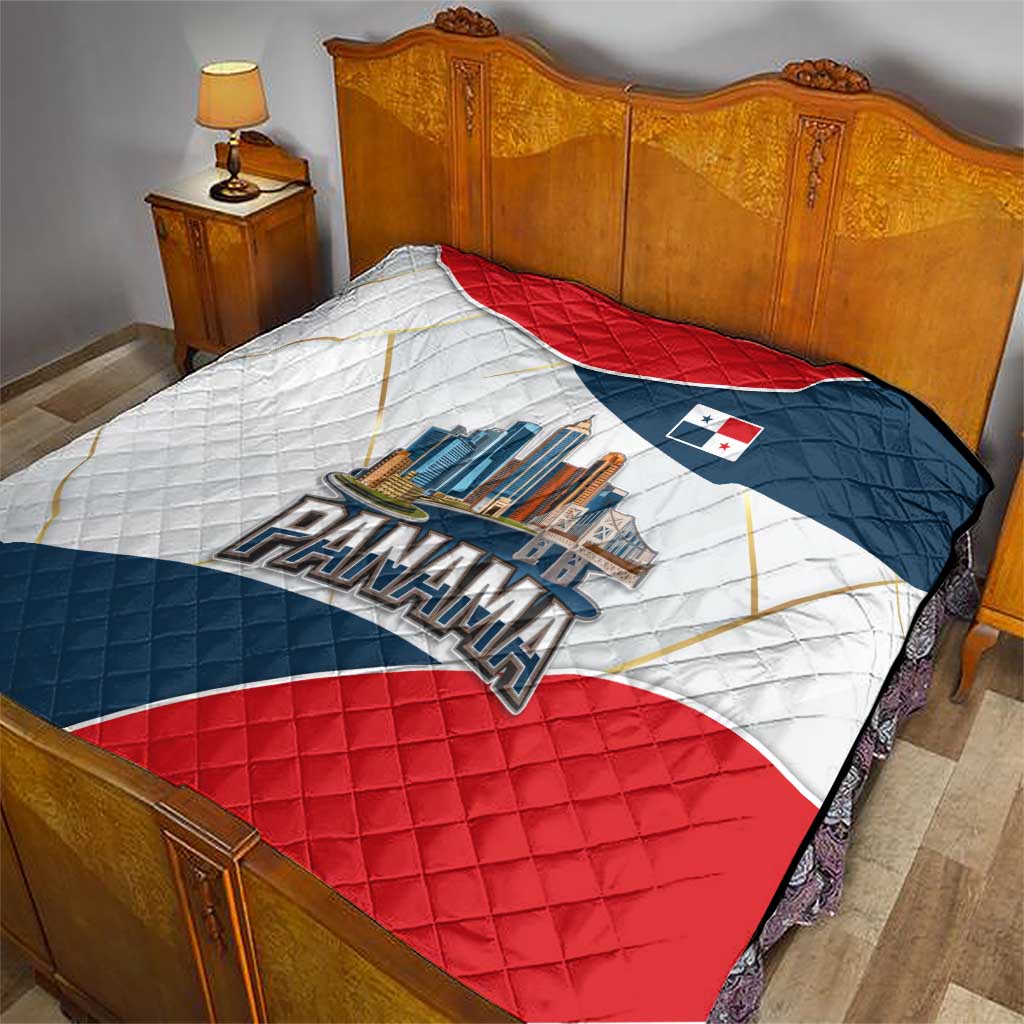 Panama City Skyline Quilt with National Coat of Arms and Red Blue Flag Theme - Wonder Print Shop
