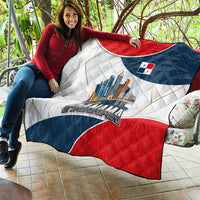 Panama City Skyline Quilt with National Coat of Arms and Red Blue Flag Theme - Wonder Print Shop