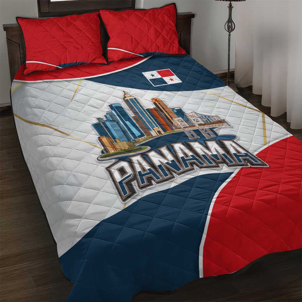 Panama City Skyline Quilt Bed Set with National Coat of Arms and Red Blue Flag Theme - Wonder Print Shop