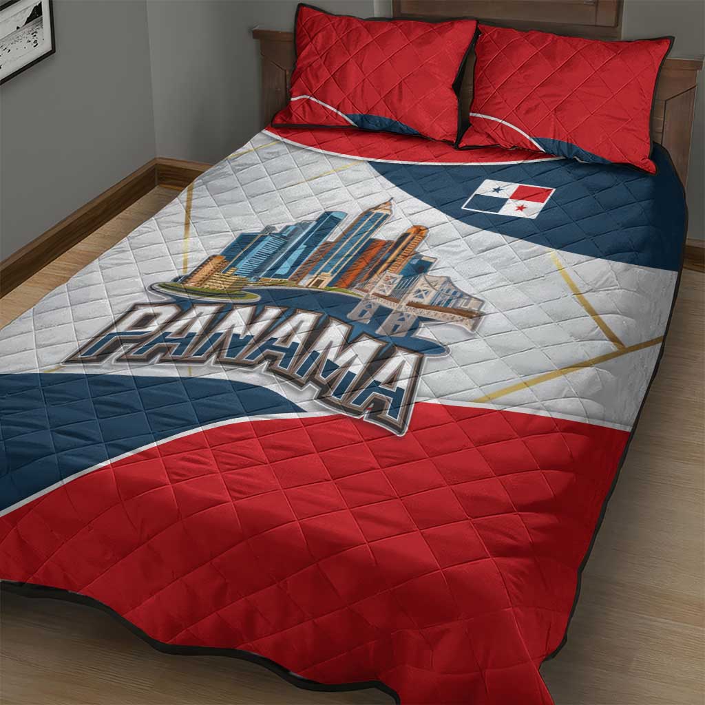 Panama City Skyline Quilt Bed Set with National Coat of Arms and Red Blue Flag Theme - Wonder Print Shop