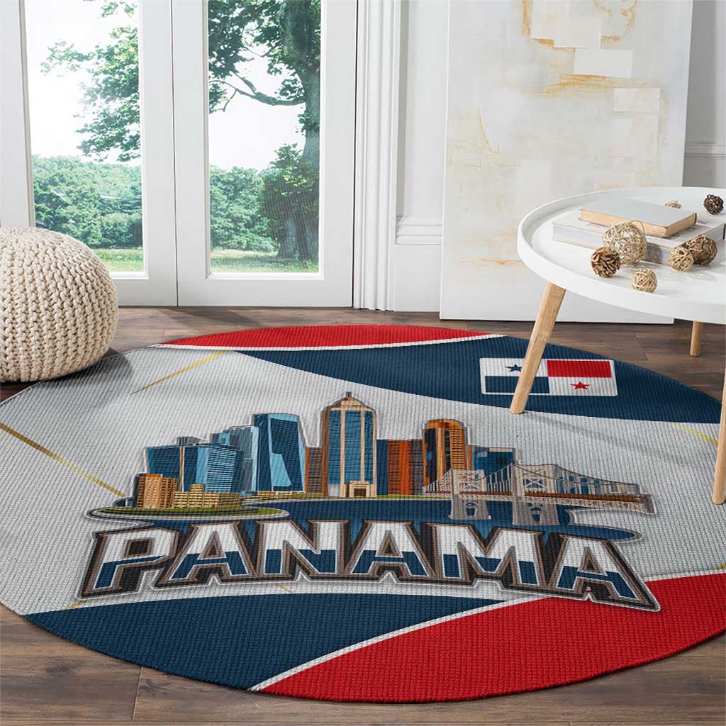 Panama City Skyline Round Carpet with National Coat of Arms and Red Blue Flag Theme - Wonder Print Shop