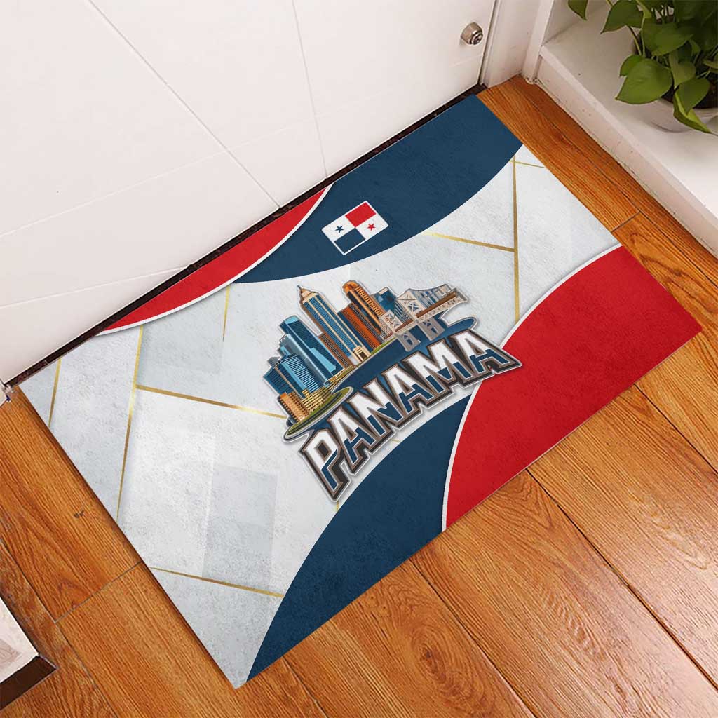 Panama City Skyline Rubber Doormat with National Coat of Arms and Red Blue Flag Theme - Wonder Print Shop