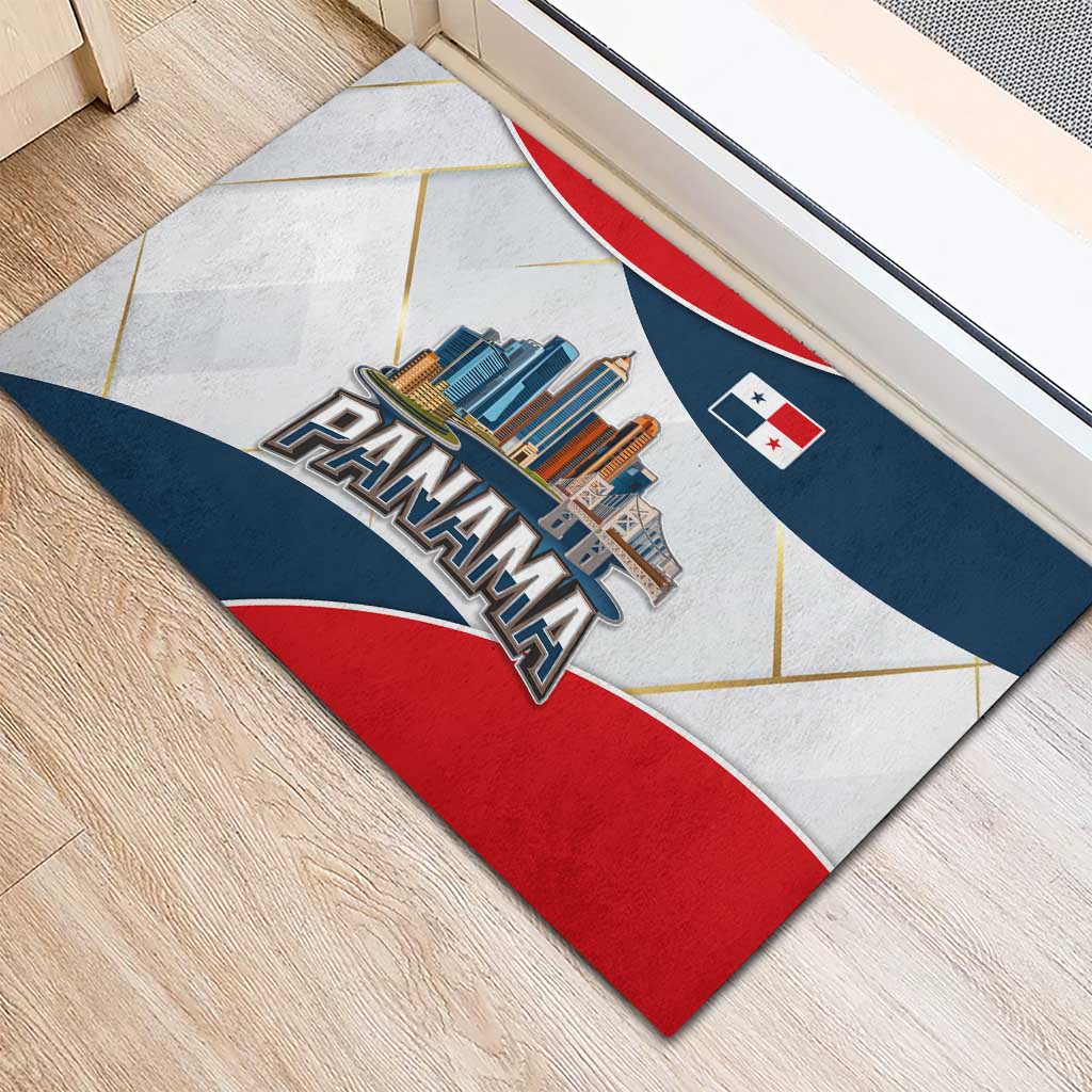 Panama City Skyline Rubber Doormat with National Coat of Arms and Red Blue Flag Theme - Wonder Print Shop