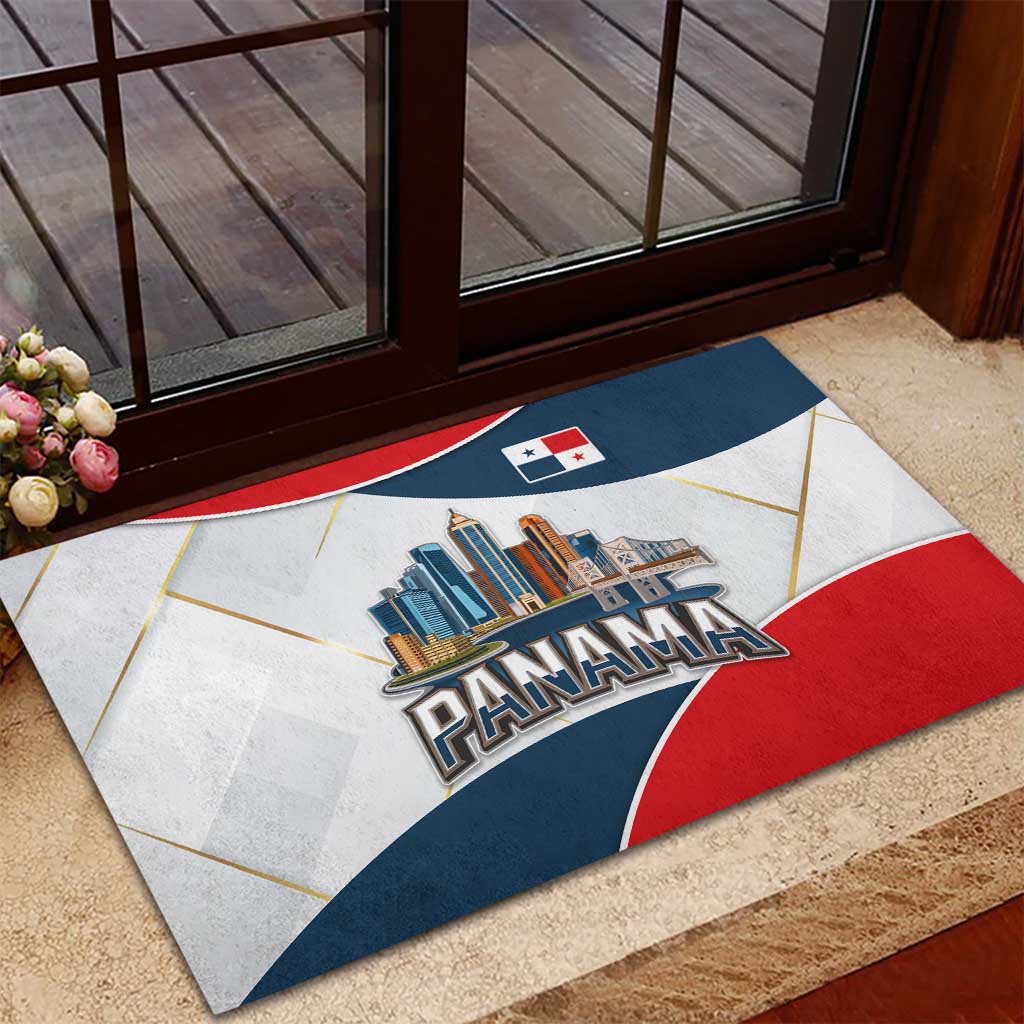 Panama City Skyline Rubber Doormat with National Coat of Arms and Red Blue Flag Theme - Wonder Print Shop