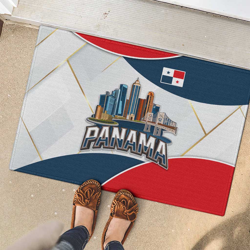 Panama City Skyline Rubber Doormat with National Coat of Arms and Red Blue Flag Theme - Wonder Print Shop