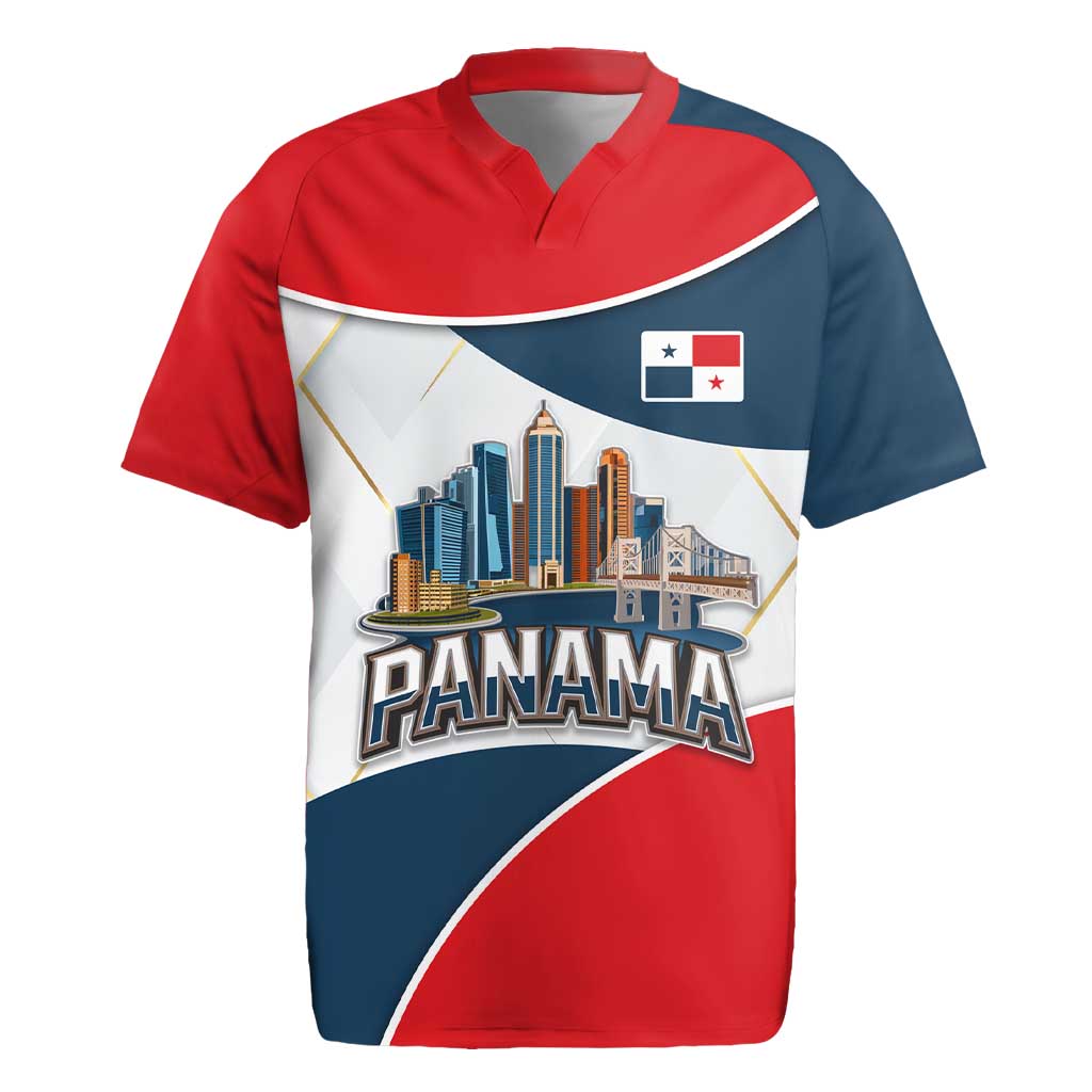 Panama City Skyline Rugby Jersey with National Coat of Arms and Red Blue Flag Theme - Wonder Print Shop