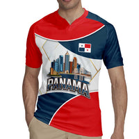 Panama City Skyline Rugby Jersey with National Coat of Arms and Red Blue Flag Theme - Wonder Print Shop