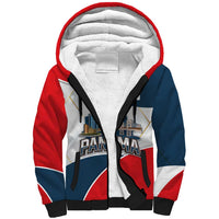Panama City Skyline Sherpa Hoodie with National Coat of Arms and Red Blue Flag Theme - Wonder Print Shop