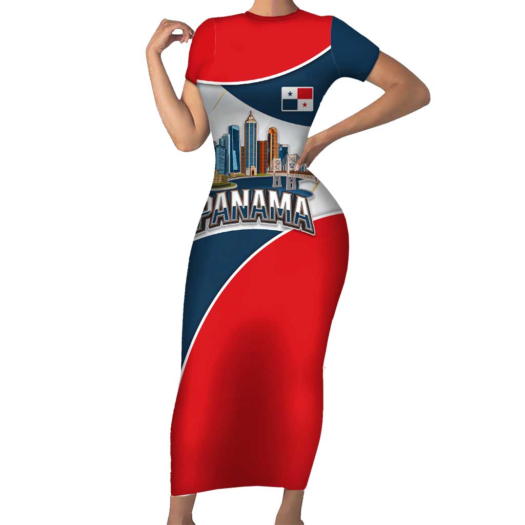 Panama City Skyline Short Sleeve Bodycon Dress with National Coat of Arms and Red Blue Flag Theme - Wonder Print Shop