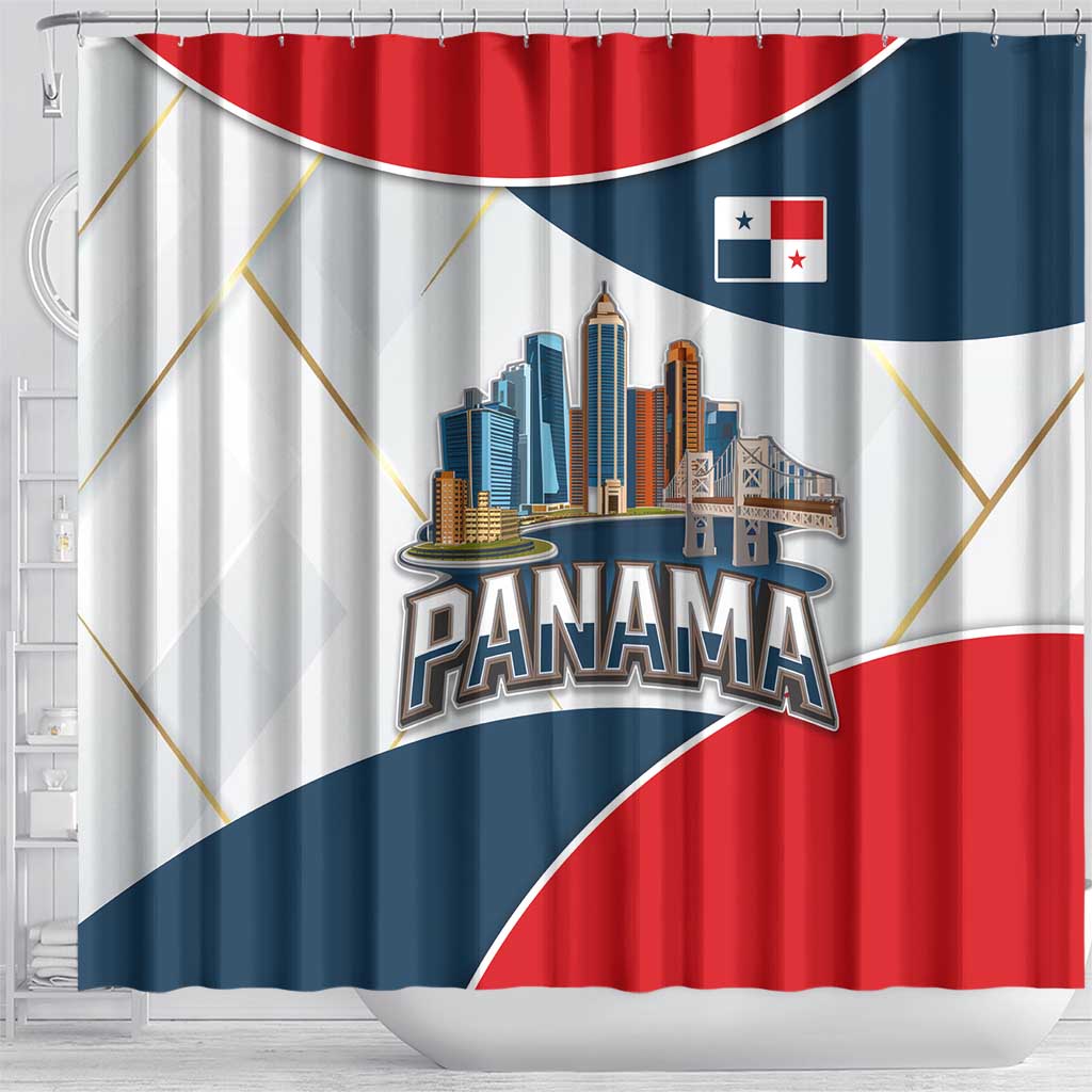 Panama City Skyline Shower Curtain with National Coat of Arms and Red Blue Flag Theme - Wonder Print Shop