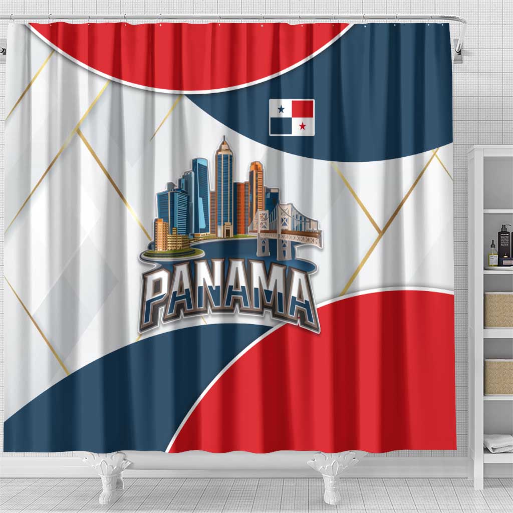 Panama City Skyline Shower Curtain with National Coat of Arms and Red Blue Flag Theme - Wonder Print Shop
