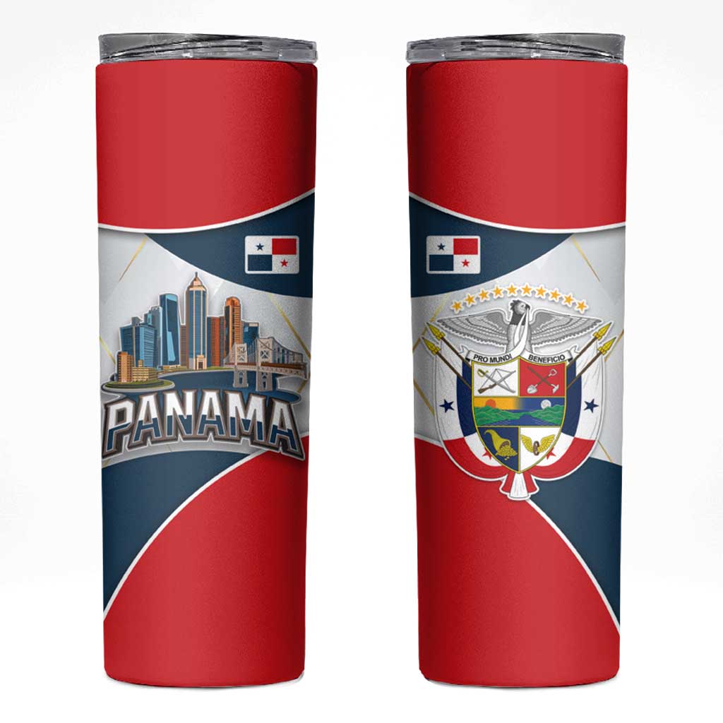 Panama City Skyline Skinny Tumbler with National Coat of Arms and Red Blue Flag Theme - Wonder Print Shop